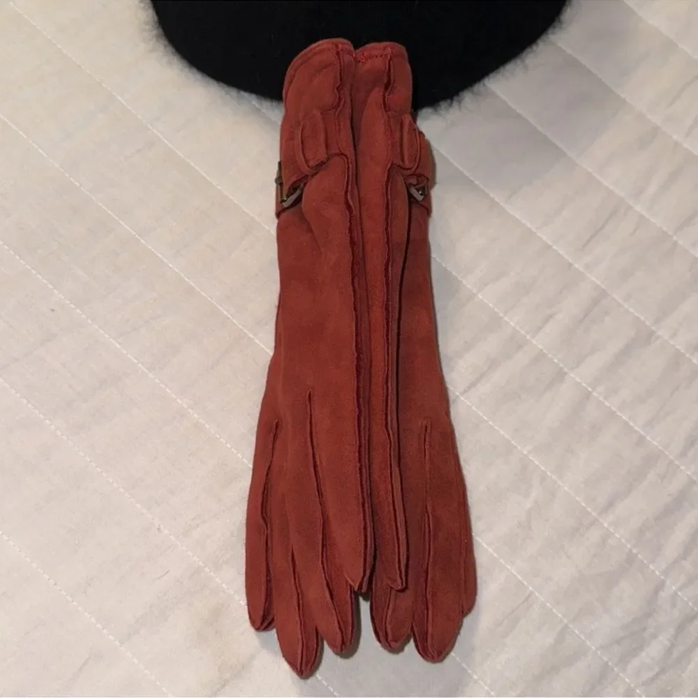 Escada OS Genuine Suede Leather Merlot Fur Lined Buckle Gloves